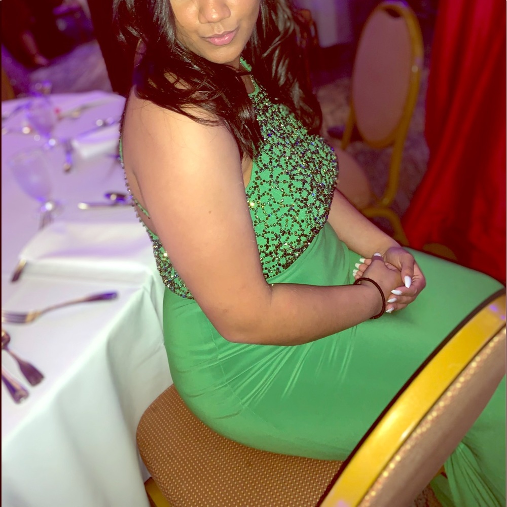 Green Prom Dress with Gold Jewels